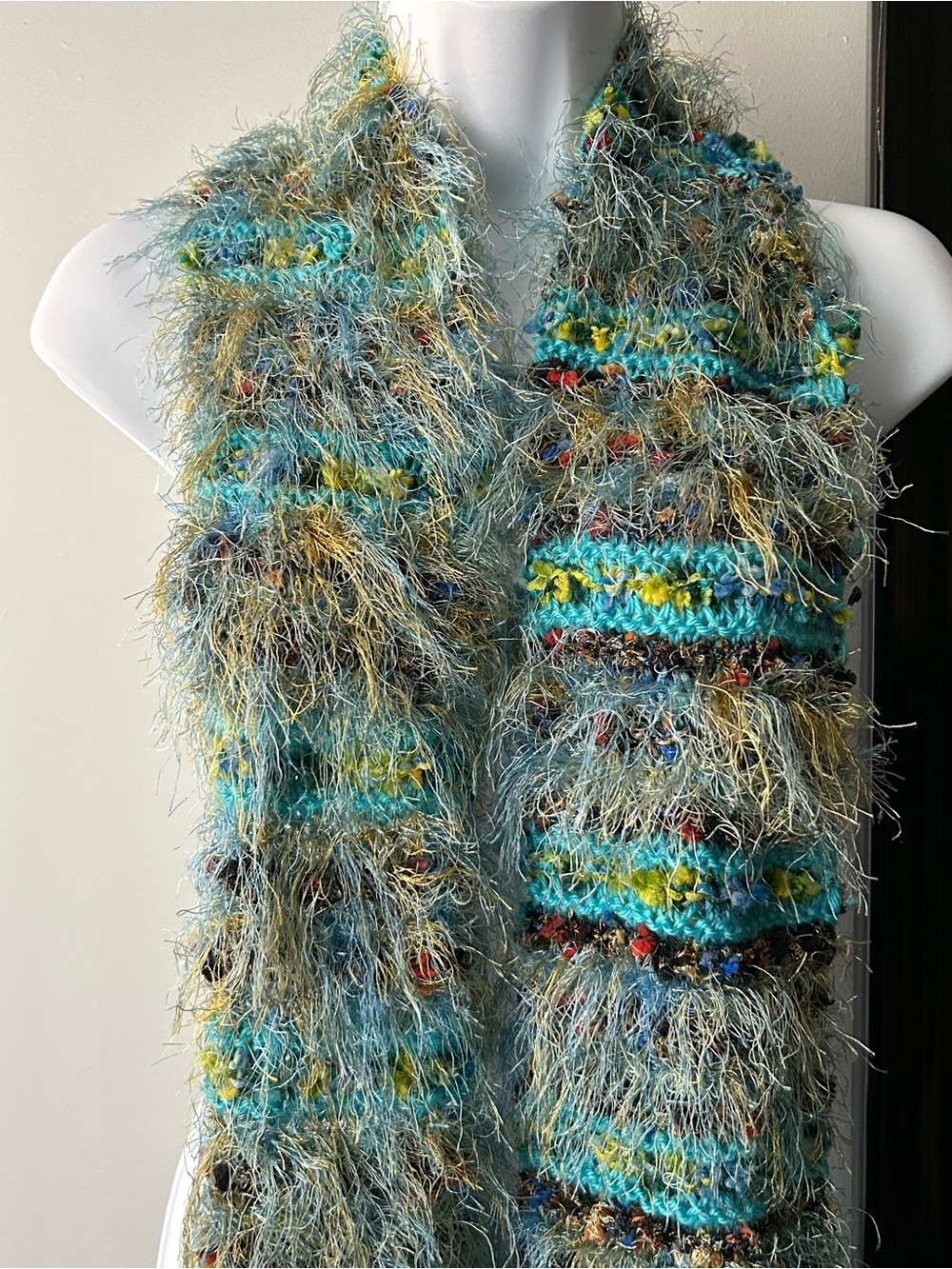 Turquoise Multicolor Textured Fuzzy Scarf